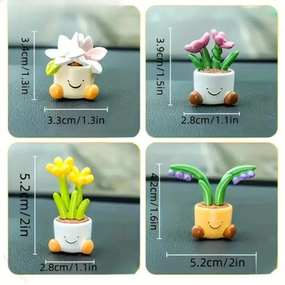 4-Pack Textured Mini Decorative Flower Pot Ornaments Set - Artificial Plants, Synthetic Romantic Graphic Polka Dot Decor, Fashion Accessory for Car Dashboard & Desktop (Home Office Use), Animals