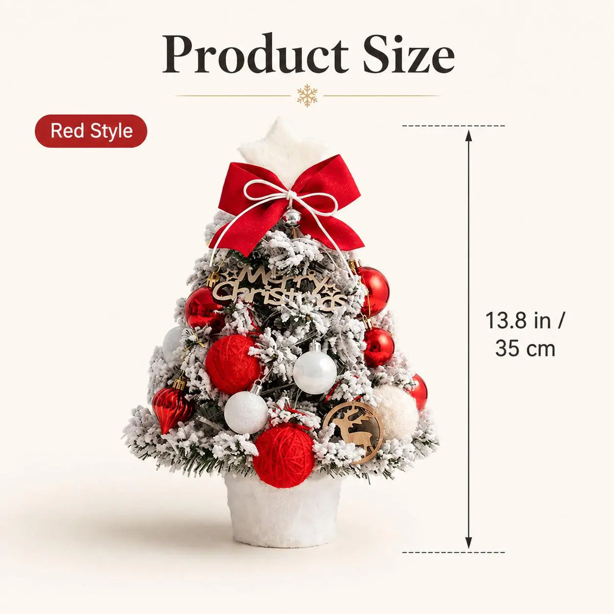 Pre‑Decorated Pink Flocked Tabletop Mini Christmas Tree with LED Lights, Bow, Baubles & Ornaments, Small Artificial Snowy Christmas Tree, 13.8in (35cm) /17.7in (45cm), for Tabletop, Desk, Home Holiday Party Decoration