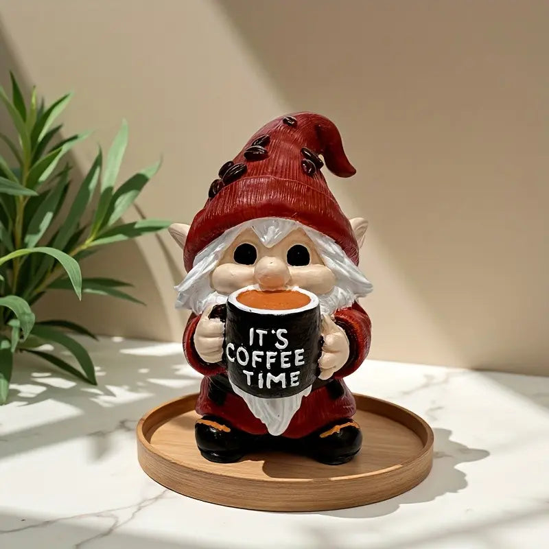 Cute Coffee Cup Holding Dwarf Resin Figurine, Desk Entryway Decorative Ornament, Small Atmosphere Enhancing Item, Perfect for Home Decoration