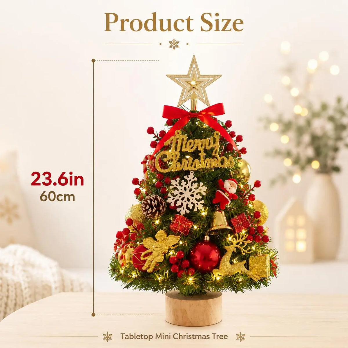 Pre‑Decorated Pink Flocked Tabletop Mini Christmas Tree with LED Lights, Bow, Baubles & Ornaments, Small Artificial Snowy Christmas Tree, 13.8in (35cm) /17.7in (45cm), for Tabletop, Desk, Home Holiday Party Decoration