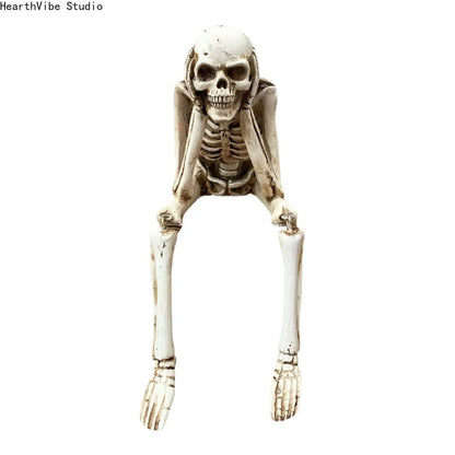 3 Wise Skeleton Statue with Hanging Legs - See-Hear-Speak No Evil Gothic Shelf Sitter, Spooky Resin Decoration Figure, Whimsical Home Decor, Unique Decor, Halloween Hammock Accessory Gift