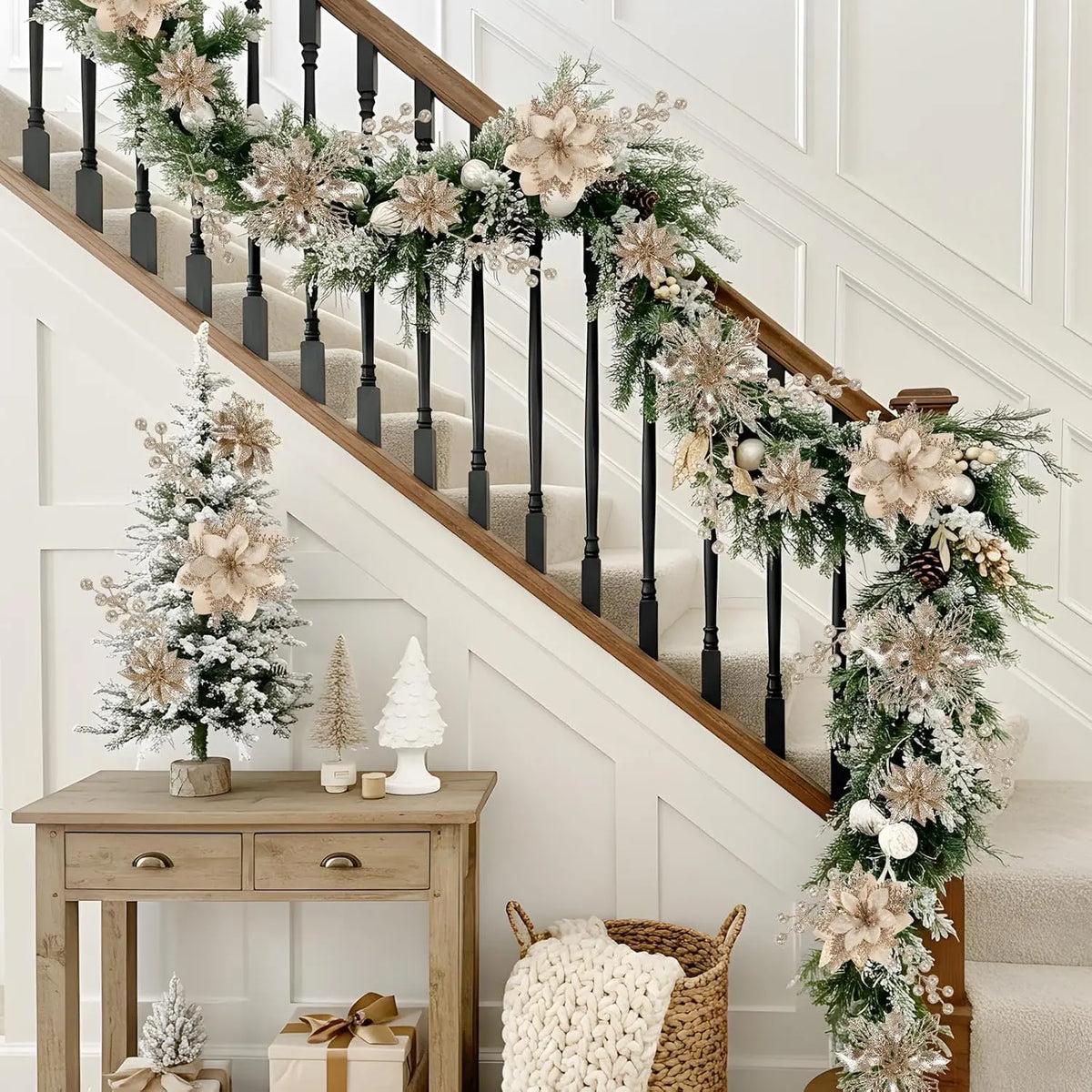 18PCS Decorative Champagne Gold Glitter Christmas Floral Picks Set - 12 ABS Plastic Artificial Poinsettia Ornaments, 6 ABS Plastic Berry Stems for Christmas Tree, Wreath, Home Decor Items
