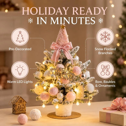 Pre‑Decorated Pink Flocked Tabletop Mini Christmas Tree with LED Lights, Bow, Baubles & Ornaments, Small Artificial Snowy Christmas Tree, 13.8in (35cm) /17.7in (45cm), for Tabletop, Desk, Home Holiday Party Decoration