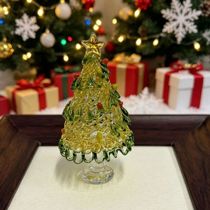 Mini Handmade Glass Christmas Tree Figurine, Blown Glass Seasonal Ornament With Golden Star Top, Cute Tabletop Holiday Sculpture For Home Office Decor, Unique Xmas Gift And Festive Collectible Craft For Family