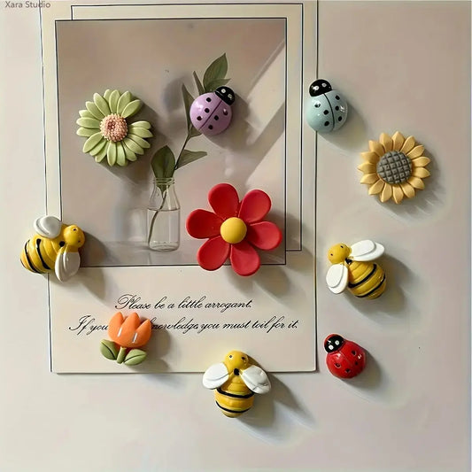 Sohochic 10-Piece Cute Resin 3D Bee & Daisy Flower Fridge Magnet Set - Animals Theme, 10 Unique Designs, Strong Hold, Glueless, Whiteboard Ready, Clean Peel-Off, Kids’ Art Display, Boxed, Anniversary Gift for Magnetic Surfaces