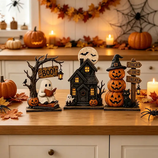 Vintage Halloween Tabletop Decor Set of 3, Resin Spooky Ornaments with Ghost, Haunted House, Stacked Pumpkin & Black Cat Figurines, Trick or Treat Sign, Fall Harvest Decor, Spooky Season Desktop Centerpiece for Home Mantel Shelf Decoration