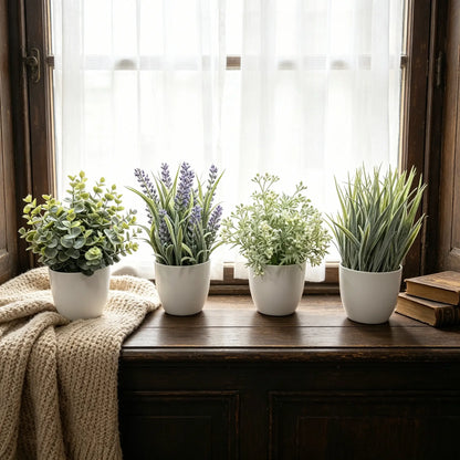 4-Pack Small Simulation Eucalyptus & Lavender Fake Leaf Plants Set - Decorative Plastic Ornaments for Farmhouse Spring-Summer Decor, Indoor Window, Table Use (Bathroom, Office Gifts Included)